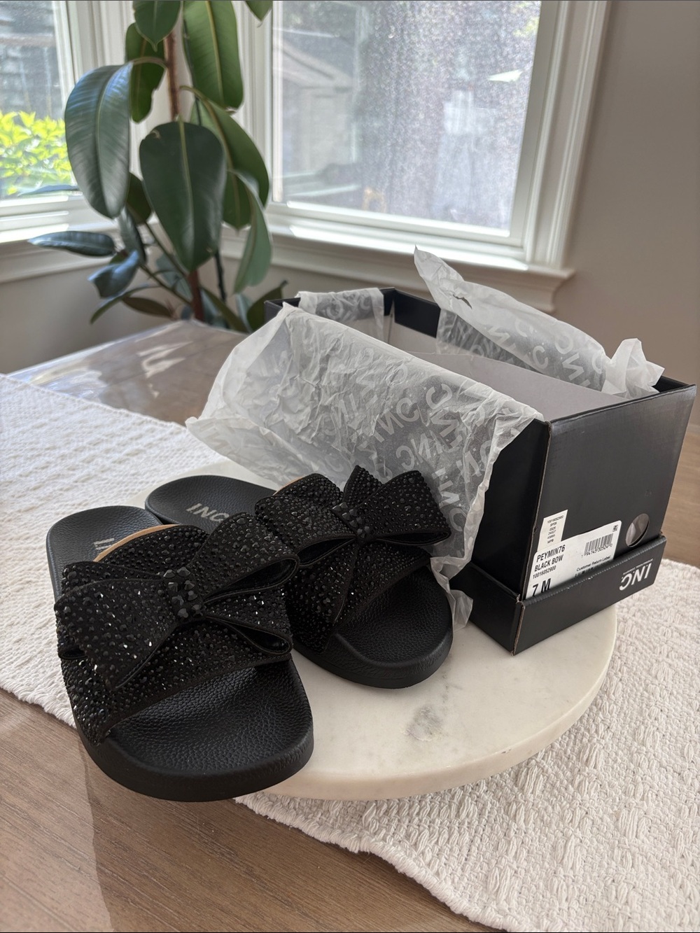 INC International Concepts Black Embellished Bow Slide Sandals - Picture 9 of 11